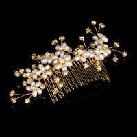 Bridal Decorative Hair Comb, Zinc Alloy, with ABS Plastic Pearl & Crystal, Flower, gold color plated, for bridal & faceted, lead & cadmium free, 100mm 
