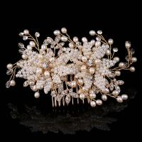 Bridal Decorative Hair Comb, Zinc Alloy, with ABS Plastic Pearl, Flower, gold color plated, for bridal & with rhinestone, lead & cadmium free 