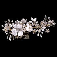 Bridal Decorative Hair Comb, Zinc Alloy, with ABS Plastic Pearl & Crystal, Flower, gold color plated, for bridal & faceted & with rhinestone, lead & cadmium free, 150mm 