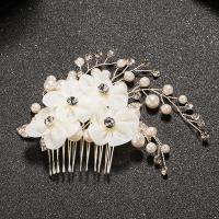 Bridal Decorative Hair Comb, Zinc Alloy, with ABS Plastic Pearl & Gauze & Crystal, Flower, silver color plated, for bridal & faceted, lead & cadmium free, 120mm 