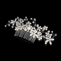 Bridal Decorative Hair Comb, Zinc Alloy, with ABS Plastic Pearl & Crystal, Flower, silver color plated, for bridal & faceted, lead & cadmium free, 130mm 