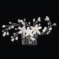 Bridal Decorative Hair Comb, Zinc Alloy, with ABS Plastic Pearl & Crystal, Flower, silver color plated, for bridal & faceted, lead & cadmium free 