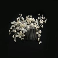 Bridal Decorative Hair Comb, Zinc Alloy, with ABS Plastic Pearl, Flower, silver color plated, for bridal & with rhinestone, lead & cadmium free, 130mm 