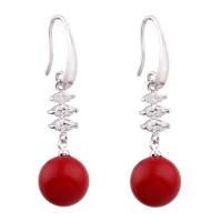 Natural Coral Drop Earring, brass earring hook, Round, for woman & with cubic zirconia 