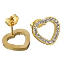 Stainless Steel Rhinestone Stud Earring, with Rhinestone Clay Pave, Heart, gold color plated, for woman 