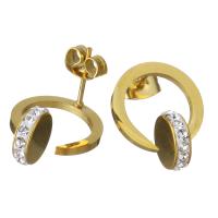 Stainless Steel Rhinestone Stud Earring, with Rhinestone Clay Pave, gold color plated, for woman 