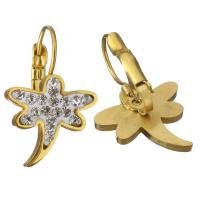 Stainless Steel Lever Back Earring, with Rhinestone Clay Pave, Dragonfly, gold color plated, for woman 