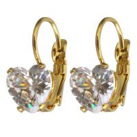 Stainless Steel Lever Back Earring, with Crystal, Heart, gold color plated, for woman & faceted 