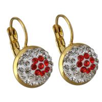 Stainless Steel Lever Back Earring, with Rhinestone Clay Pave, Flat Round, gold color plated, for woman, mixed colors 
