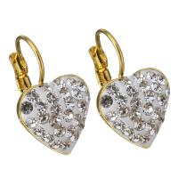 Stainless Steel Lever Back Earring, with Rhinestone Clay Pave, Heart, gold color plated, for woman 
