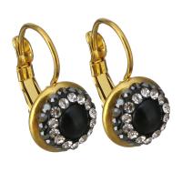 Stainless Steel Lever Back Earring, with Rhinestone Clay Pave & Resin, Flat Round, gold color plated, for woman 