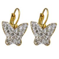 Stainless Steel Lever Back Earring, with Rhinestone Clay Pave, Butterfly, gold color plated, for woman 