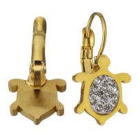 Stainless Steel Lever Back Earring, with Rhinestone Clay Pave, Turtle, gold color plated, for woman 