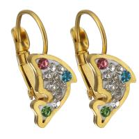 Stainless Steel Lever Back Earring, with Rhinestone Clay Pave, gold color plated, for woman 