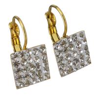 Stainless Steel Lever Back Earring, with Rhinestone Clay Pave, Square, gold color plated, for woman 