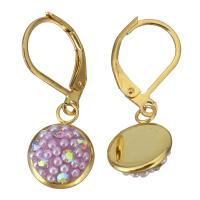 Stainless Steel Huggie Hoop Drop Earring, with Rhinestone Clay Pave, Flat Round, gold color plated, for woman, 28mm 