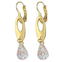 Stainless Steel Drop Earring, with Resin Pearl & Rhinestone Clay Pave, Teardrop, gold color plated, for woman, 45mm 