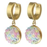 Stainless Steel Huggie Hoop Drop Earring, with Resin Pearl & Rhinestone Clay Pave, Flat Round, gold color plated, for woman, 32mm 
