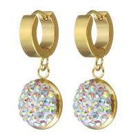 Stainless Steel Huggie Hoop Drop Earring, with Rhinestone Clay Pave, Flat Round, gold color plated, for woman, 34mm 