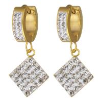 Stainless Steel Huggie Hoop Drop Earring, with Rhinestone Clay Pave, Rhombus, gold color plated, for woman, 32mm 
