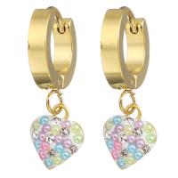 Stainless Steel Huggie Hoop Drop Earring, with Resin Pearl & Rhinestone Clay Pave, Heart, gold color plated, for woman, 27mm 