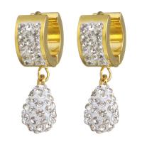 Stainless Steel Huggie Hoop Drop Earring, with Rhinestone Clay Pave, Teardrop, gold color plated, for woman, 30mm 