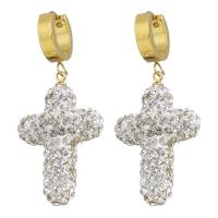 Stainless Steel Huggie Hoop Drop Earring, with Rhinestone Clay Pave, Cross, gold color plated, for woman, 51mmuff0c 