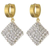Stainless Steel Huggie Hoop Drop Earring, with Rhinestone Clay Pave, Rhombus, gold color plated, for woman, 41mm 
