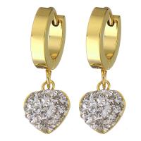 Stainless Steel Huggie Hoop Drop Earring, with Rhinestone Clay Pave, Heart, gold color plated, for woman, 28mm 