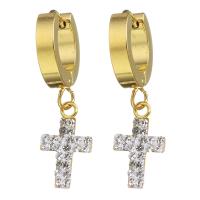 Stainless Steel Huggie Hoop Drop Earring, with Rhinestone Clay Pave, Cross, gold color plated, for woman, 30mm 