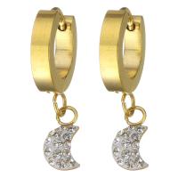 Stainless Steel Huggie Hoop Drop Earring, with Rhinestone Clay Pave, Moon, gold color plated, for woman, 26mm 