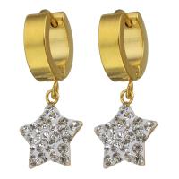 Stainless Steel Huggie Hoop Drop Earring, with Rhinestone Clay Pave, Star, gold color plated, for woman, 30mm 