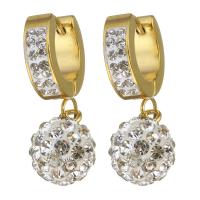 Stainless Steel Huggie Hoop Drop Earring, with Rhinestone Clay Pave, Round, gold color plated, for woman, 28mm 