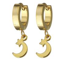 Stainless Steel Huggie Hoop Drop Earring, Moon and Star, gold color plated, for woman, 27mm 