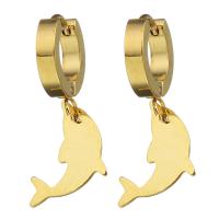 Stainless Steel Huggie Hoop Drop Earring, Dolphin, gold color plated, for woman, 32mm 
