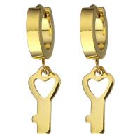 Stainless Steel Huggie Hoop Drop Earring, Key, gold color plated, for woman, 32mm 