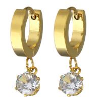 Stainless Steel Huggie Hoop Drop Earring, gold color plated, for woman & with rhinestone, 25mm 
