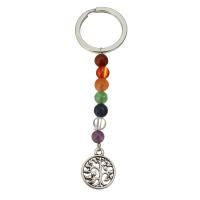 Brass Key Chain, with Gemstone, Tree, antique silver color plated 25mm, 90mm 