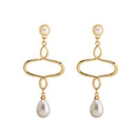 Plastic Pearl Zinc Alloy Earring, with ABS Plastic Pearl, stainless steel post pin, Teardrop, gold color plated, for woman, lead & cadmium free 