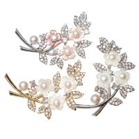 Freshwater Pearl Brooch, Brass, with Pink Shell & White Shell & Freshwater Pearl, Flower, plated, for woman & with cubic zirconia nickel, lead & cadmium free 