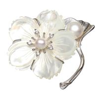 Freshwater Pearl Brooch, Brass, with White Shell & Freshwater Pearl, Flower, platinum plated, for woman & with cubic zirconia, nickel, lead & cadmium free 
