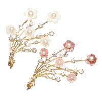 Freshwater Pearl Brooch, Brass, with Shell & Freshwater Pearl, Flower, real gold plated & for woman & with cubic zirconia, nickel, lead & cadmium free 