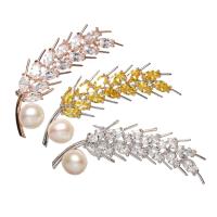 Freshwater Pearl Brooch, Brass, with Freshwater Pearl, Wheat, plated, for woman & with cubic zirconia nickel, lead & cadmium free 
