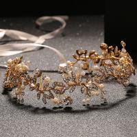 Bridal Hair Band, Zinc Alloy, with ABS Plastic Pearl & Satin Ribbon & Crystal, Flower, gold color plated, for woman & faceted & with rhinestone, lead & cadmium free, 50mm 
