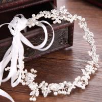 Bridal Hair Band, Zinc Alloy, with ABS Plastic Pearl & Satin Ribbon, Flower, platinum color plated, for woman & with rhinestone, lead & cadmium free, 50mm 