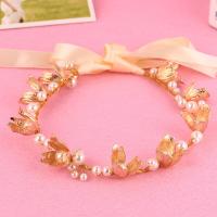 Bridal Hair Band, Zinc Alloy, with ABS Plastic Pearl & Satin Ribbon, Flower, gold color plated, for woman, lead & cadmium free, 50mm 