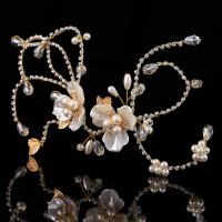 Bridal Hair Band, Zinc Alloy, with Silk Flower & ABS Plastic Pearl & Crystal, Flower, gold color plated, for woman & faceted & with rhinestone, lead & cadmium free, 80mm 