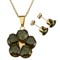 Stainless Steel Jewelry Set, earring & necklace, with Crystal, gold color plated, oval chain & for woman & faceted 2mm, 9mm Approx 17 Inch 