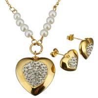 Rhinestone stainless steel Jewelry Set, earring & necklace, with Rhinestone Clay Pave & Glass Pearl, Heart, gold color plated, oval chain & for woman 2mm Approx 19 Inch 