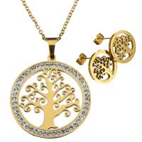 Rhinestone stainless steel Jewelry Set, earring & necklace, with Rhinestone Clay Pave, Tree, gold color plated, oval chain & for woman 2mm, 15mm Approx 17 Inch 